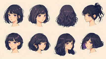 Anime Girl Hairstyle Variations   Short  Wavy  and Curly Hair Illustration