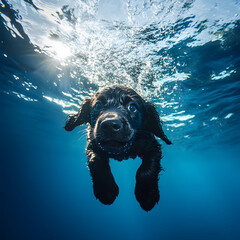  Puppy Diving into Blue Water from Nadir View