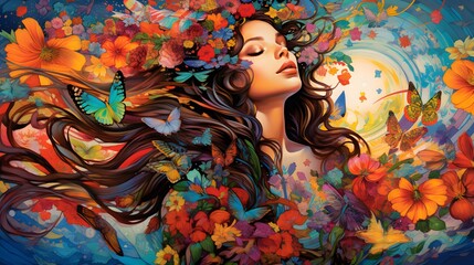 Woman Surrounded by Flowers and Butterflies   Dreamlike Art Illustration