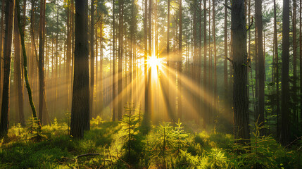 Fototapeta premium Beautiful forest landscape with sun rays through trees in the pine and spruce woodlands at sunrise or sunset.