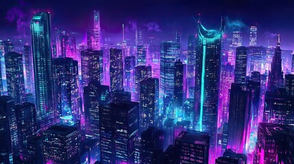 Fototapeta premium A futuristic cityscape at night with neon lights illuminating the skyscrapers.