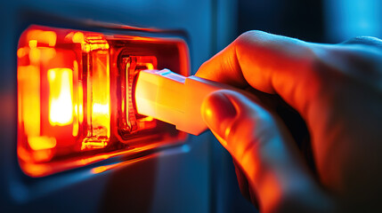 A hand is inserting a key into an illuminated orange switch, suggesting an activation or powering on of a device.