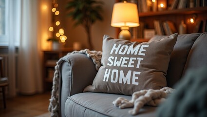 Cozy sofa with Home Sweet Home pillow in warm living room ambiance
