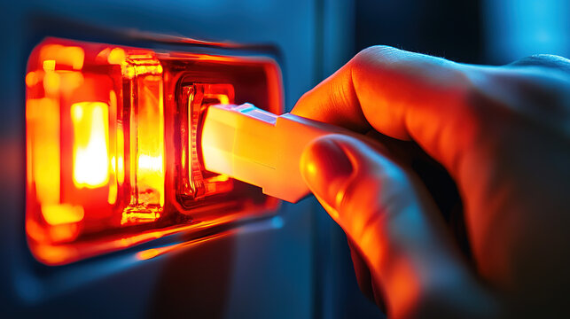A hand is inserting a key into an illuminated orange switch, suggesting an activation or powering on of a device.