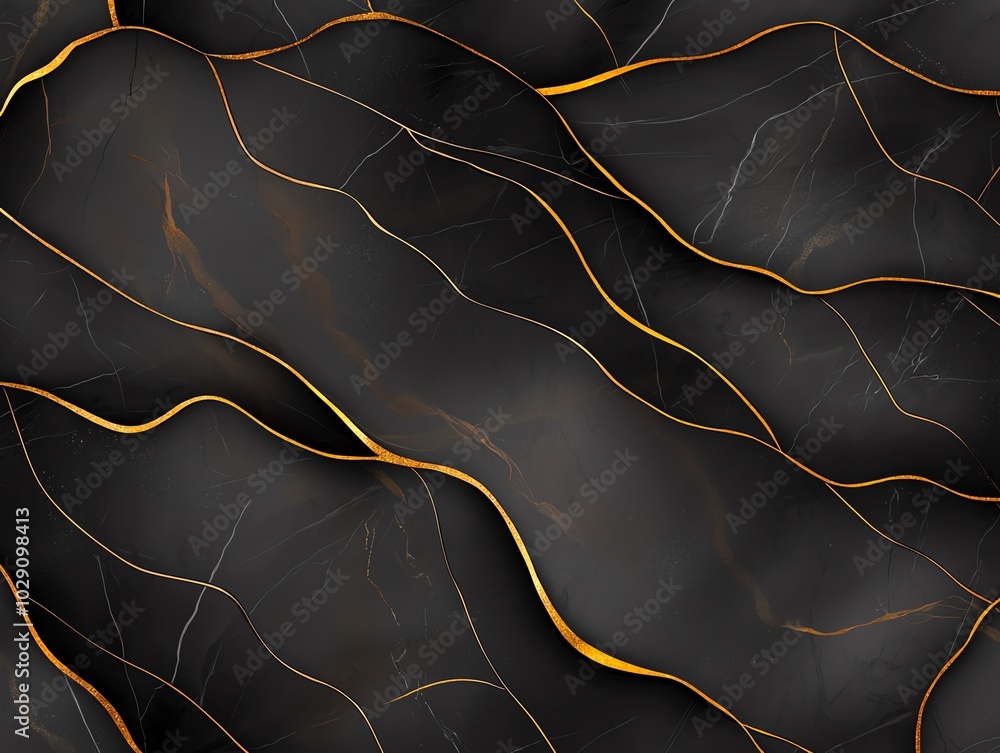 Poster a captivating abstract background featuring flowing black waves with elegant golden lines, perfect f