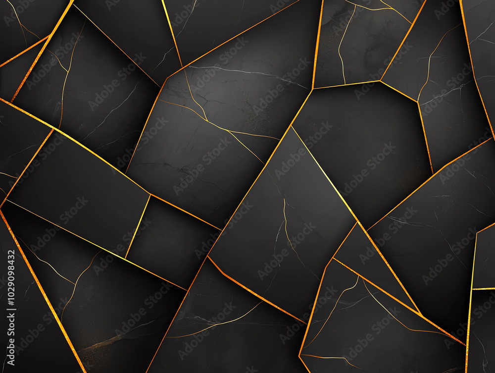 Poster abstract black textured background with sharp angular patterns and golden outlines, perfect for mode
