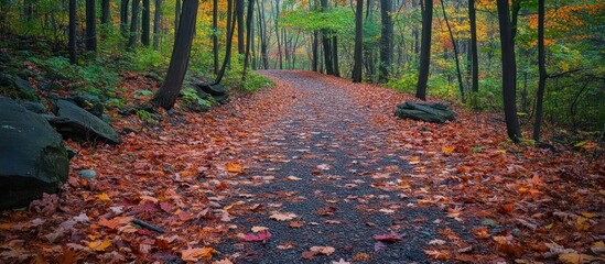 A winding path through a forest in autumn with fallen leaves.