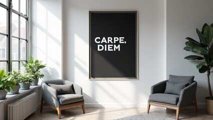 Modern black and white office poster Carpe Diem on wall with sleek furniture and potted plants