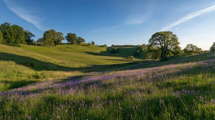 A rolling green meadow with purple wildflowers in bloom under a blue sky with white clouds.