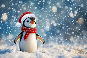 Fototapeta premium A cheerful penguin wearing a Santa hat and a red scarf stands in the snow, surrounded by falling snowflakes, evoking a festive winter atmosphere.