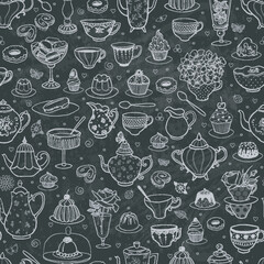 Seamless pattern of white hand-drawn teapots, cups, desserts, and flowers. Tea doodles on a black chalkboard background