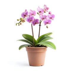 Pink Orchid Plant in Brown Pot Isolated on White Background