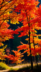 Fototapeta premium Colorful autumn red, yellow and green leaves on fall trees in countryside. Warm sunlight illuminating their vivid colors against a dark forest background isolated with white highlights, png