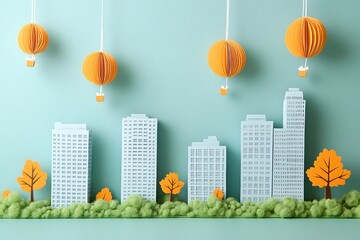 A cityscape with paper buildings and lanterns hanging from the ceiling