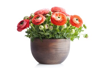 Obraz premium Orange Ranunculus Flowers in Wooden Pot Isolated on White Background