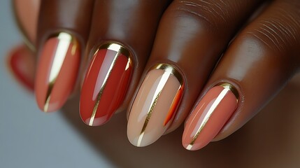 A close-up shot of matte-finished nails in muted coral and peach tones, shiny gold accents forming thin geometric lines, captured under soft ambient lighting,