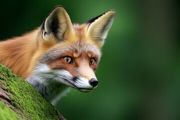 Fototapeta premium A fox peeking out from behind a moss-covered log, blending seamlessly into the magical landscape of the deep European forest