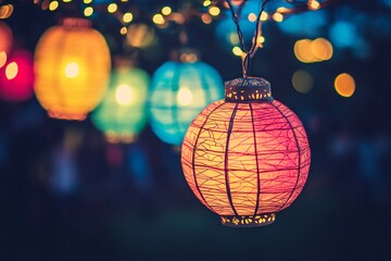 Fototapeta premium A bunch of colorful lanterns hanging from a tree