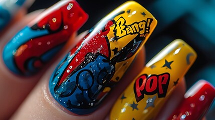 A close-up shot of nails decorated with Pop Art motifs, featuring bold comic-style text like...