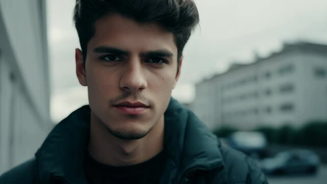 A young man in his 20s stands confidently on a city street, with the camera zooming in under cinematic lighting, creating a dramatic urban scene.