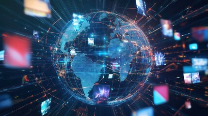 Obraz premium A digital globe surrounded by colorful squares, representing the interconnectedness of global communication and data exchange.