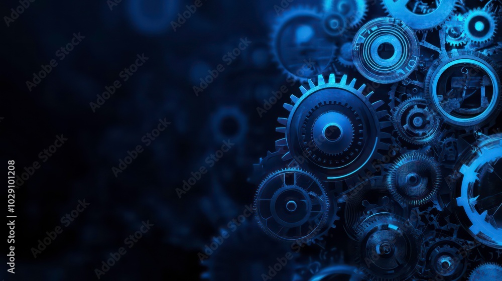 Poster a close-up of a group of gears in a blue and black color scheme.