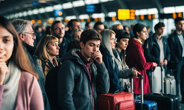 In a vibrant airport terminal, a young man looks worried as he stands in a long line with other travelers. The atmosphere buzzes with anticipation and the sound of rolling luggage