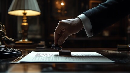 A hand holding a rubber stamp over a formal paper document, the stamp hovering just above the paper, dramatic lighting casting soft shadows on the desk, creating a sense of anticipation and authority.