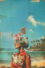 a collage of a woman at the beach made out of old magazine clippings, abstract art, a beach scene, 