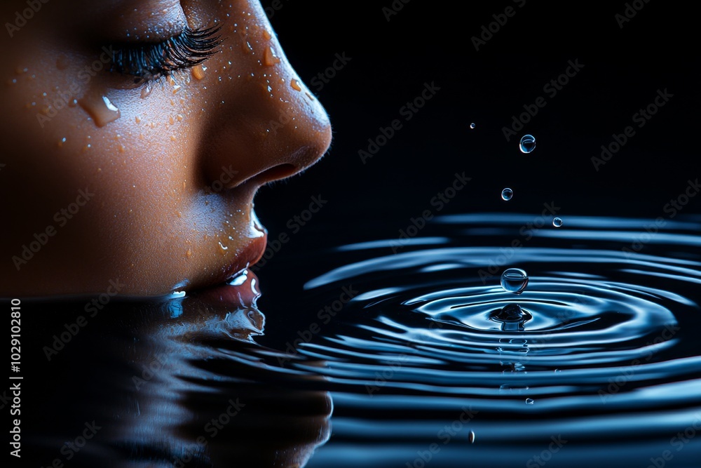 Poster a hyper-realistic depiction of a person gazing at their reflection in water, with every ripple and d