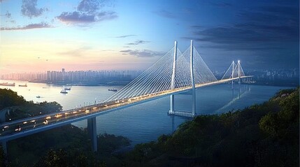Fototapeta premium Modern Suspension Bridge Spanning a Cityscape