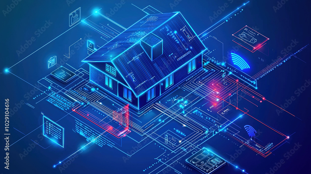 Poster a digital representation of a smart home, showcasing interconnected technology and data visualizatio