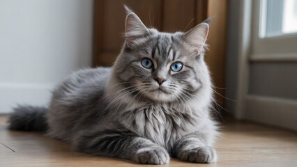 Blue siberian cat laying on the floor indoor