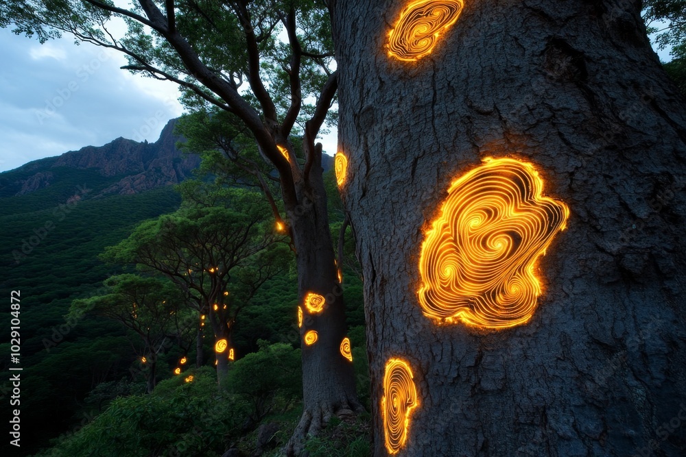 Poster a mystical forest with ancient trees, where the bark is alive with swirling patterns of light, and t