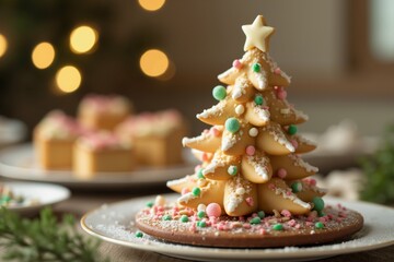 Festive christmas cookie tree decorated with stars and colorful sprinkles for holiday celebration. Congratulations for lovers of cooking and cafes.