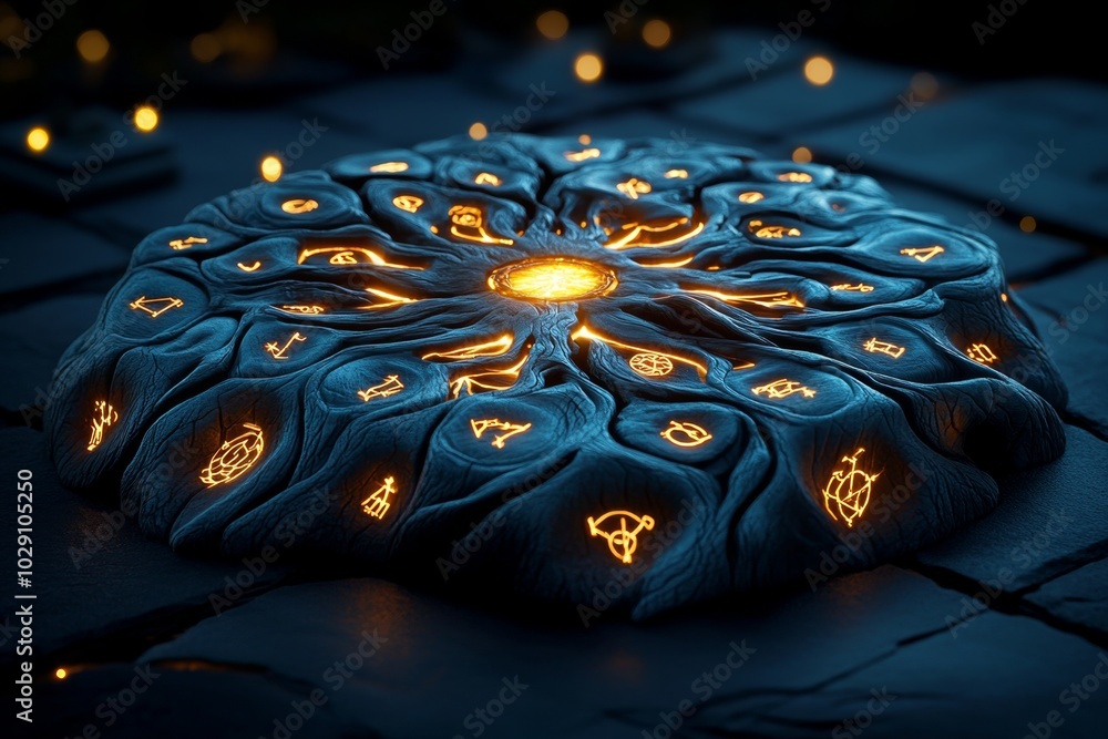 Poster A mystical tree with glowing bark, where the deep cracks are filled with a soft, ethereal light, and the tree itself holds magical symbols carved into its ancient surface