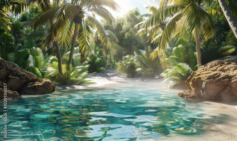 Wall mural Oasis with palm trees and a shimmering pool, 4K hyperrealistic photo