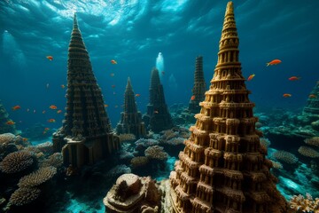 A panoramic view of a mythical underwater city, with towering spires made of coral and shimmering sea creatures swimming around ancient ruins