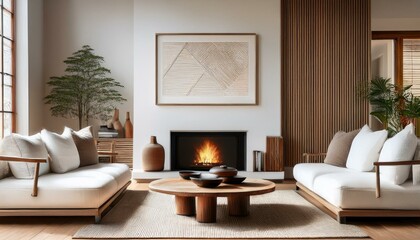 Fototapeta premium Japanese, minimalist style home interior design of modern living room. Rustic coffee table between two white sofas against wall with poster and fireplace.