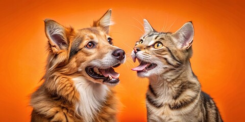 Playful Dog and Cat on Vibrant Orange Background for Creative Designs and Text Use