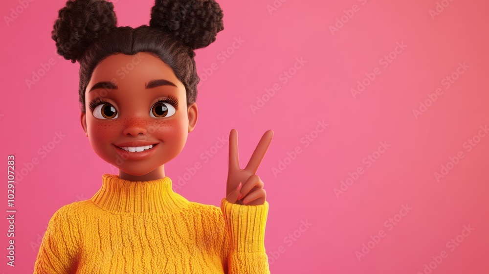 Wall mural 3d character close up portrait of a cheerful black woman in a yellow sweater, giving a peace sign wi