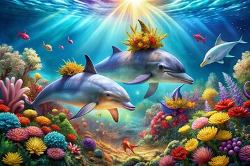 Playful Dolphins in a Majestic Underwater Kingdom with Seashell Crowns - Stunning Ocean Scene