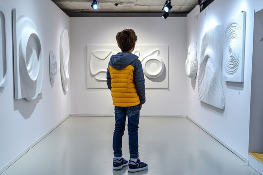 A person standing in a minimalist art gallery, reflecting on the abstract shapes and forms, experiencing them without preconceived ideas, aligned with phenomenology&acirc;&euro;&trade;s focus on pure perception