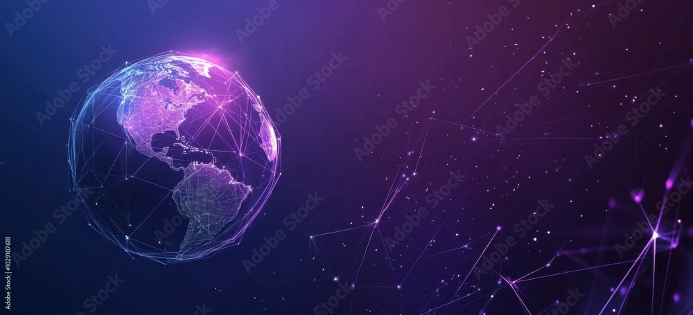 Poster abstract background with digital technology and global network concept, in the style of blue and pur