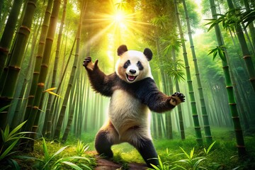 Obraz premium Playful Panda Dancing in a Lush Bamboo Forest - Adorable Wildlife Photography
