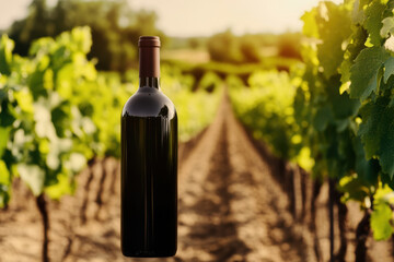 Fototapeta premium Elegant bottle of red wine in a sunny vineyard landscape with lush green vines