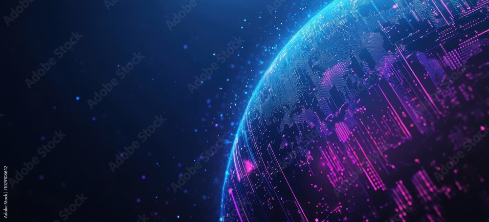 Poster abstract digital technology background with blue and purple colors, circuit board lines forming the 