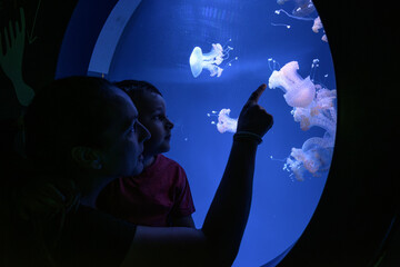 Family admiring jellyfish swimming in aquarium tank © Miri García