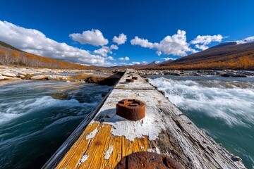 Fototapeta premium A rusty, weathered bridge crossing over a river, its metal and wood structure worn from years of exposure, with flaking paint and rusty bolts, creating a scene of industrial decay