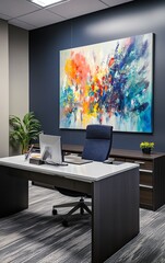Executive office space featuring a modern workstation, stylish storage solutions, and an abstract painting on the wall